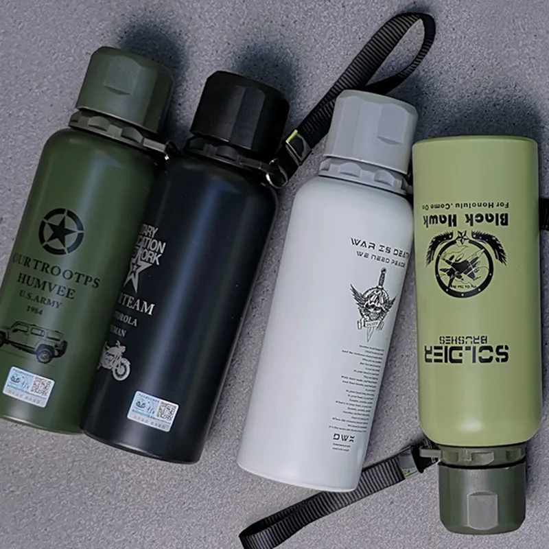 450ml Tactical Sports Water Bottle 304 Stainless Steel Vacuum Insulated Outdoor Camping Portable Travel Flask With Strap