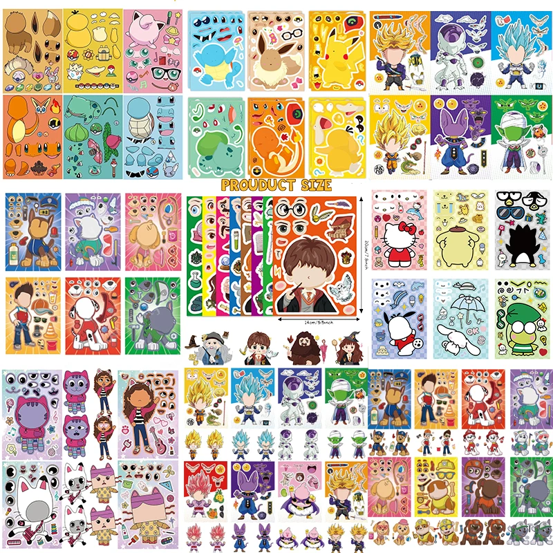 New Puzzle Stickers Funny Anime Make A Face Sticker Puzzle Gabby Dollhouse Pokemon Paw Patrol Children Funny Game Party Gifts