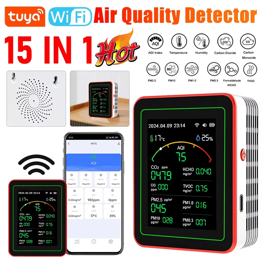 

Многофункциональный тестер качества воздуха 15-в-1 (AQI, PM0.3, PM1.0, PM2.5, PM10) с TFT-дисплеем для дома: измеритель CO, CO2, TVOC, HCHO, температуры и влажности
