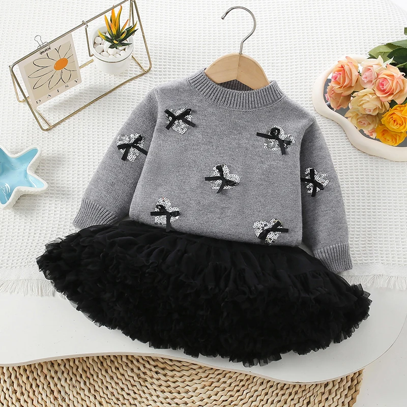 IYEAL 2Pcs Kids Girls Cute Sequin Heart with Black Bow Knitted Pullover + Tiered Ruffle Fluffy Tulle Tutu Skirt Princess Outfit