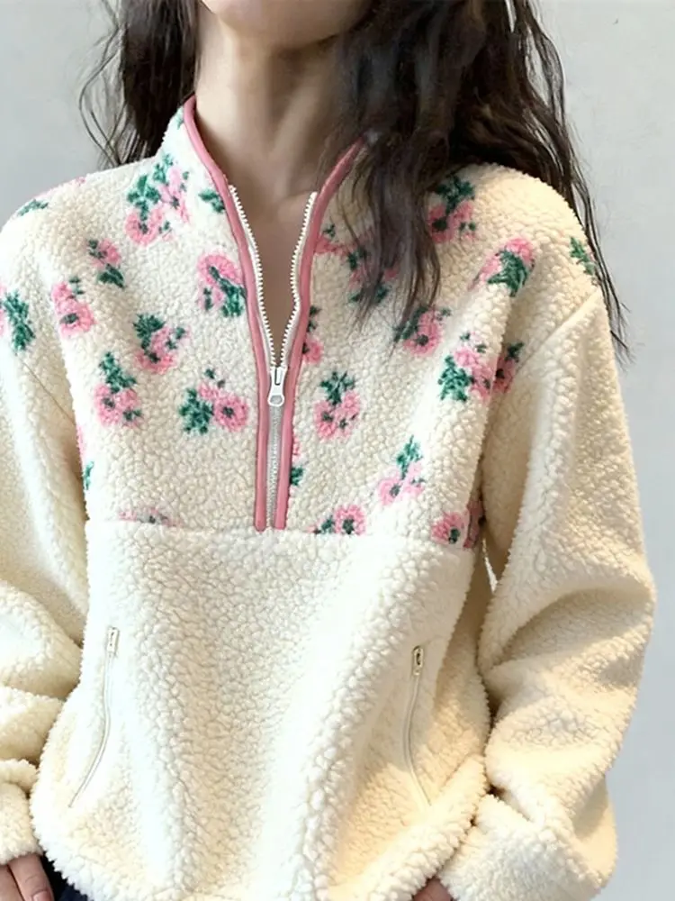 

Thicken Winter Lamb Fleece Half-Zip Pullover Pink Floral Print Casual Warm Sweatshirt Daily Sweet Elegant Women Loose Sweet Girl
