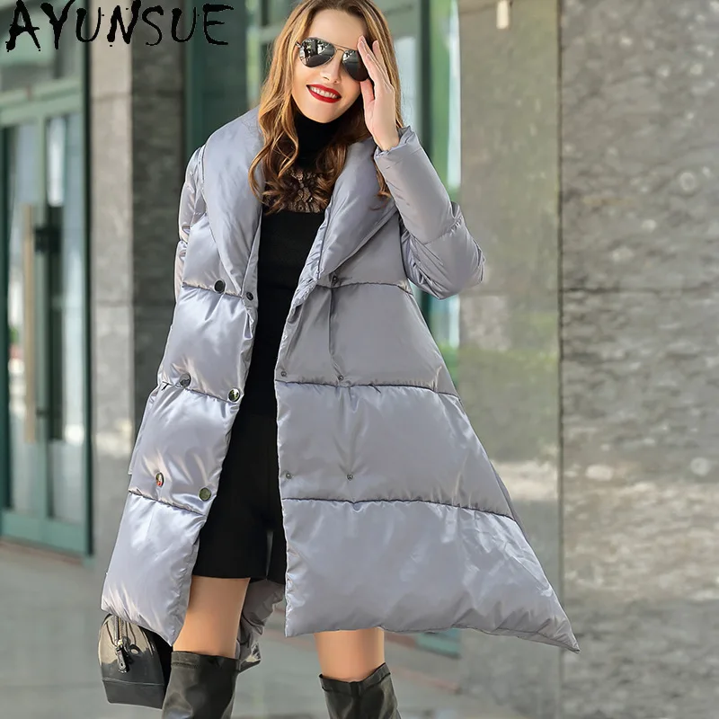 AYUNSUE White Duck Down Puffer Jacket Women Fashion Mid Length Down Coats 2024 New in Outerwears Winter Warm Clothes Пуховики