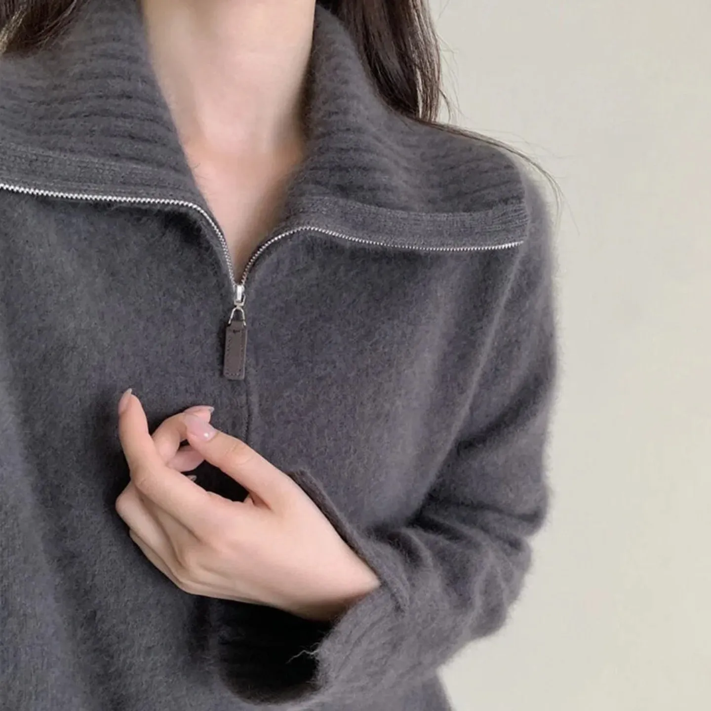 Half zip lapel 100% pure cashmere sweater for women's autumn and winter new style knitted thick sweater wool base top