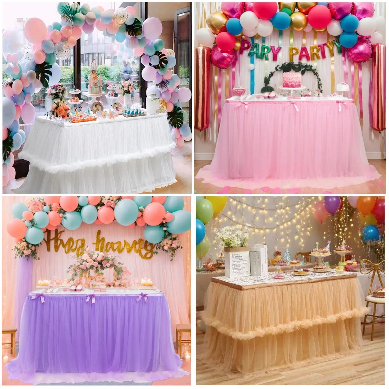 Tulle Ruffled Table Skirt for Birthday Party Halloween Wedding Hotel Sweet Net Yarn Decoration Tablecloth