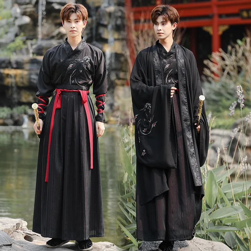 Hanfu Men Ancient Costume Hanfu Folk Dress Emboridery Long Robe Traditional Chinese Style Japanese Samurai Party Cosplay Outfits