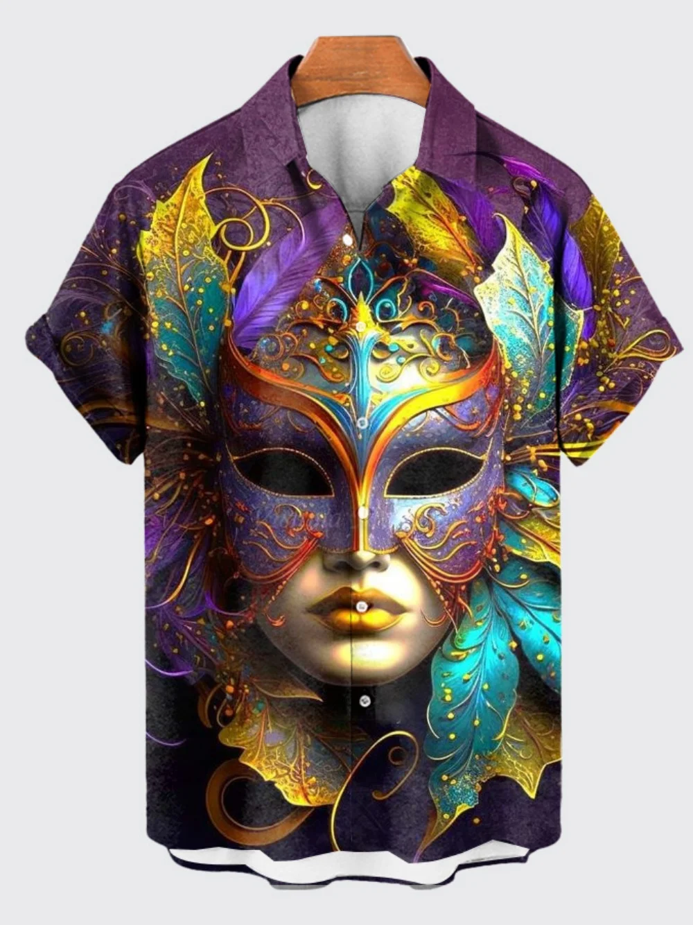 

Beach-style men's statement shirt gold good mask print short sleeve summer urban loose fit blouse with a distinctive outfit