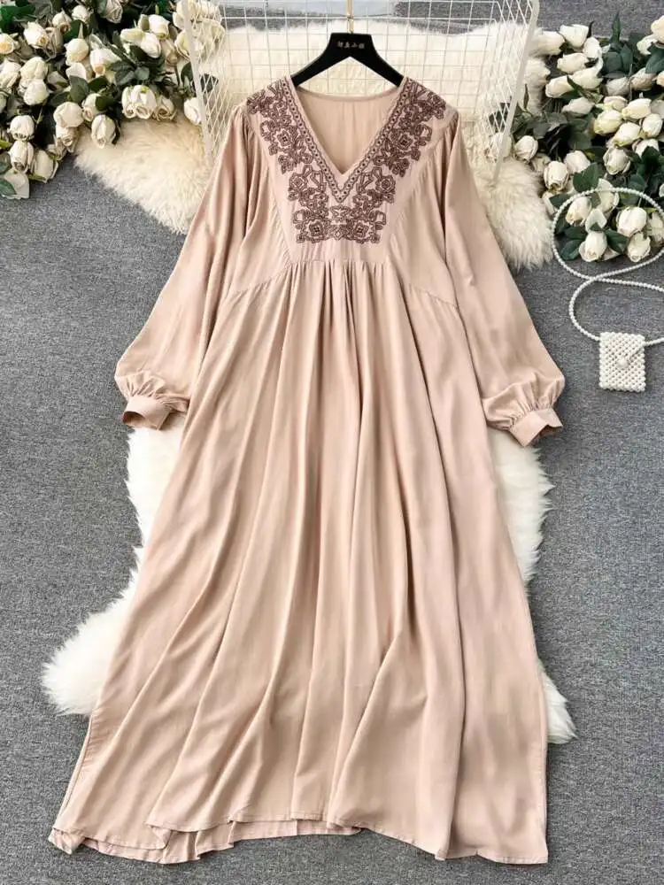 Women Embroidered Vintage Long Dress Spring Autumn Sexy V-neck Loose Long Ethnic Elegant Long Dresses Ladies Oversized Robe