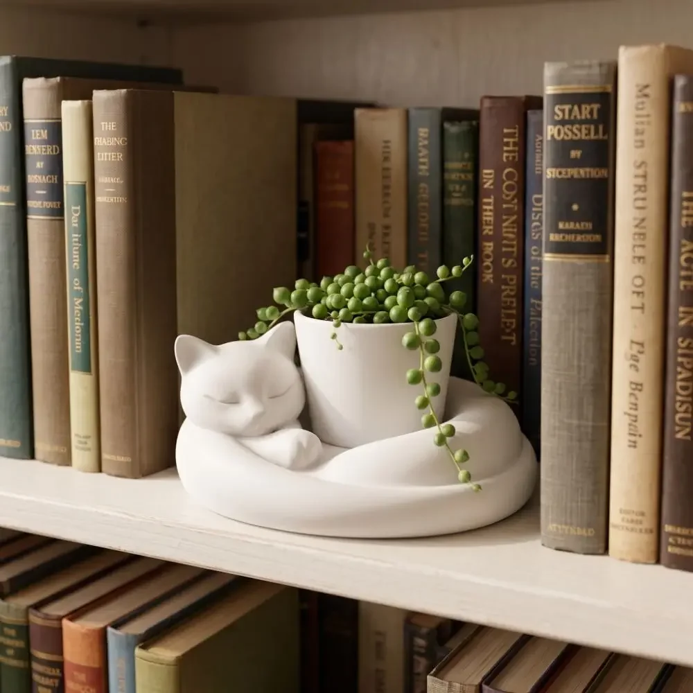 3D Printed Sleeping Cat Flowerpot Cartoon Animal Planter Plastic Lying Cat Shape Desktop Pot for Home Decor