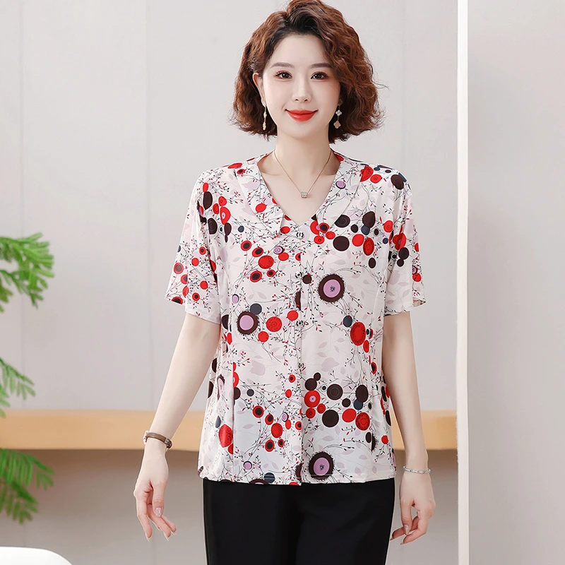 خمر التلبيب زر مطبوعة خمر قمصان الصيف جديد فضفاض كل مباراة قمم مكتب سيدة البلوزات الملابس النسائية