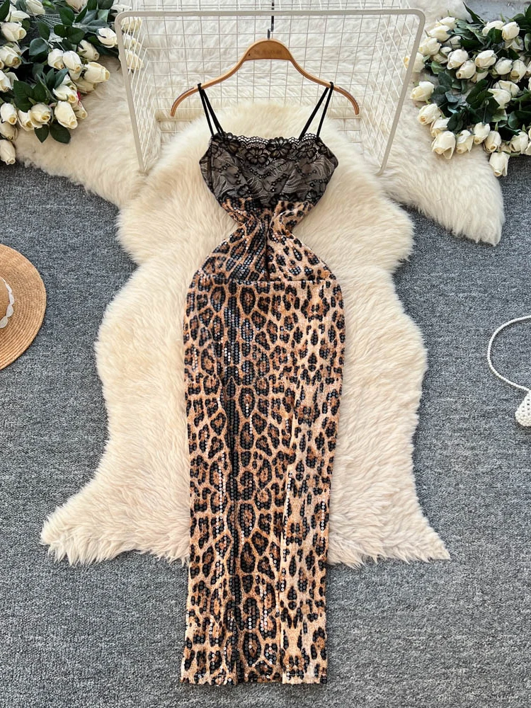 

Sexy Leopard Print Svel High Waist A-Line Dr Women's Lace Patchwork Slimming Long Dr with Side Slit Korean Sle