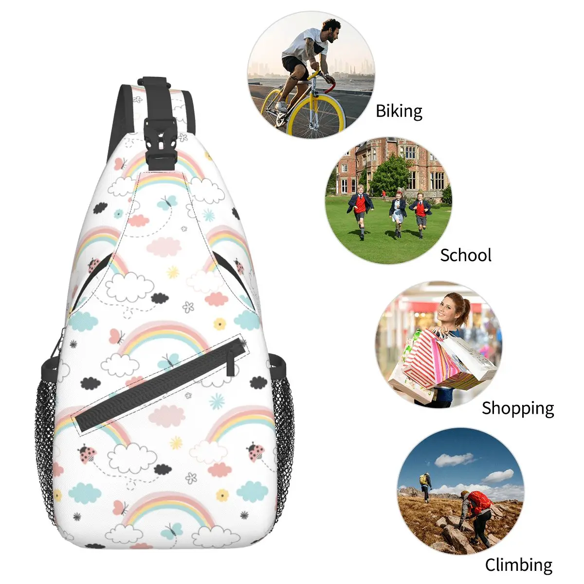 Sacs à bandoulière arc-en-ciel avec nuages initiés, sac à dos de poitrine à motif, sac à dos pour la randonnée, cartable de vélo en plein air