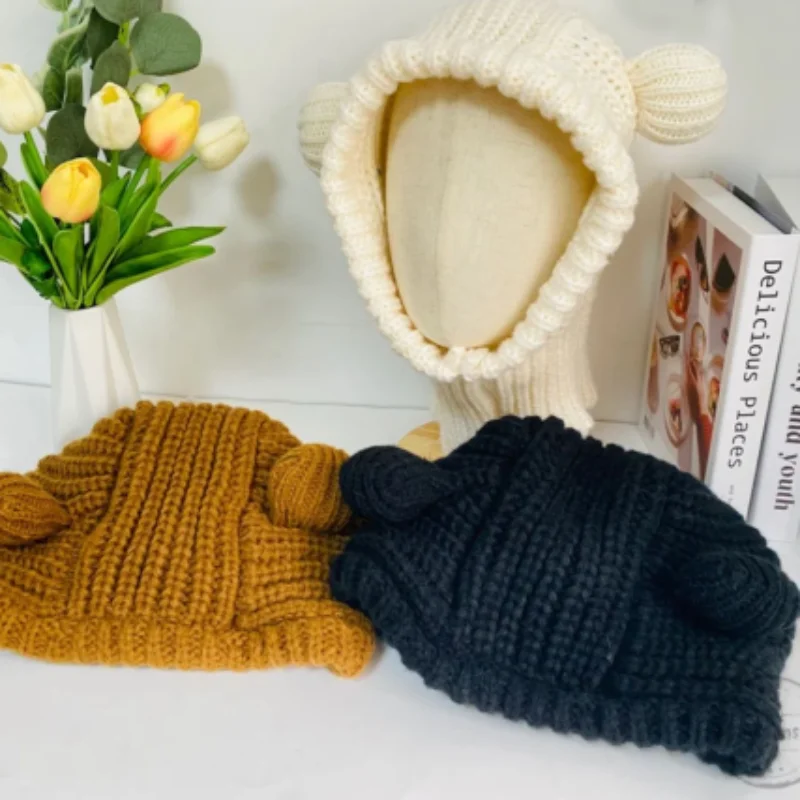 

Cute Bear Ear crocheted Hat Autumn and Winter Warm Versatile Lace-up Ear Protection Knitted Funny Cap Bonnets for Women hat