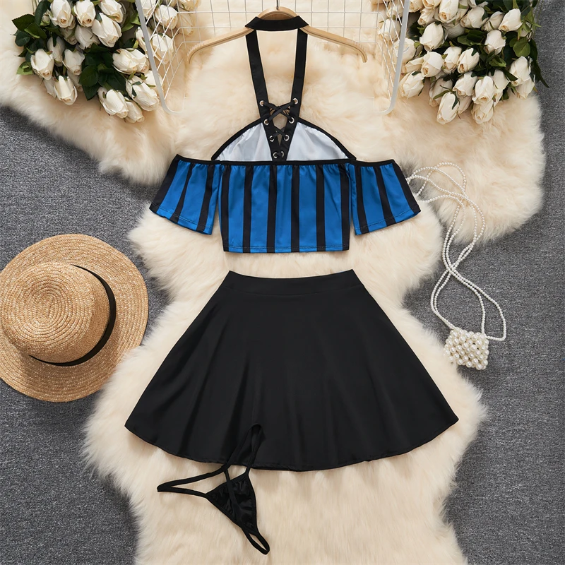 Football Baby Cheerleading Uniform 3-Pieces Suits Short Skirt Women  Lace-up Neck-mounted Stripe Skinny Crop Top Sexy Sets Sport