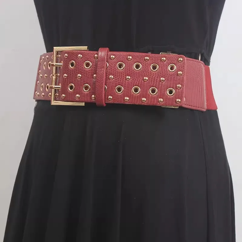 Women's Runway Fashion Rivet Elastic PU Leather Cummerbunds Female Dress Corsets Waistband Belts Decoration Wide Belt R155