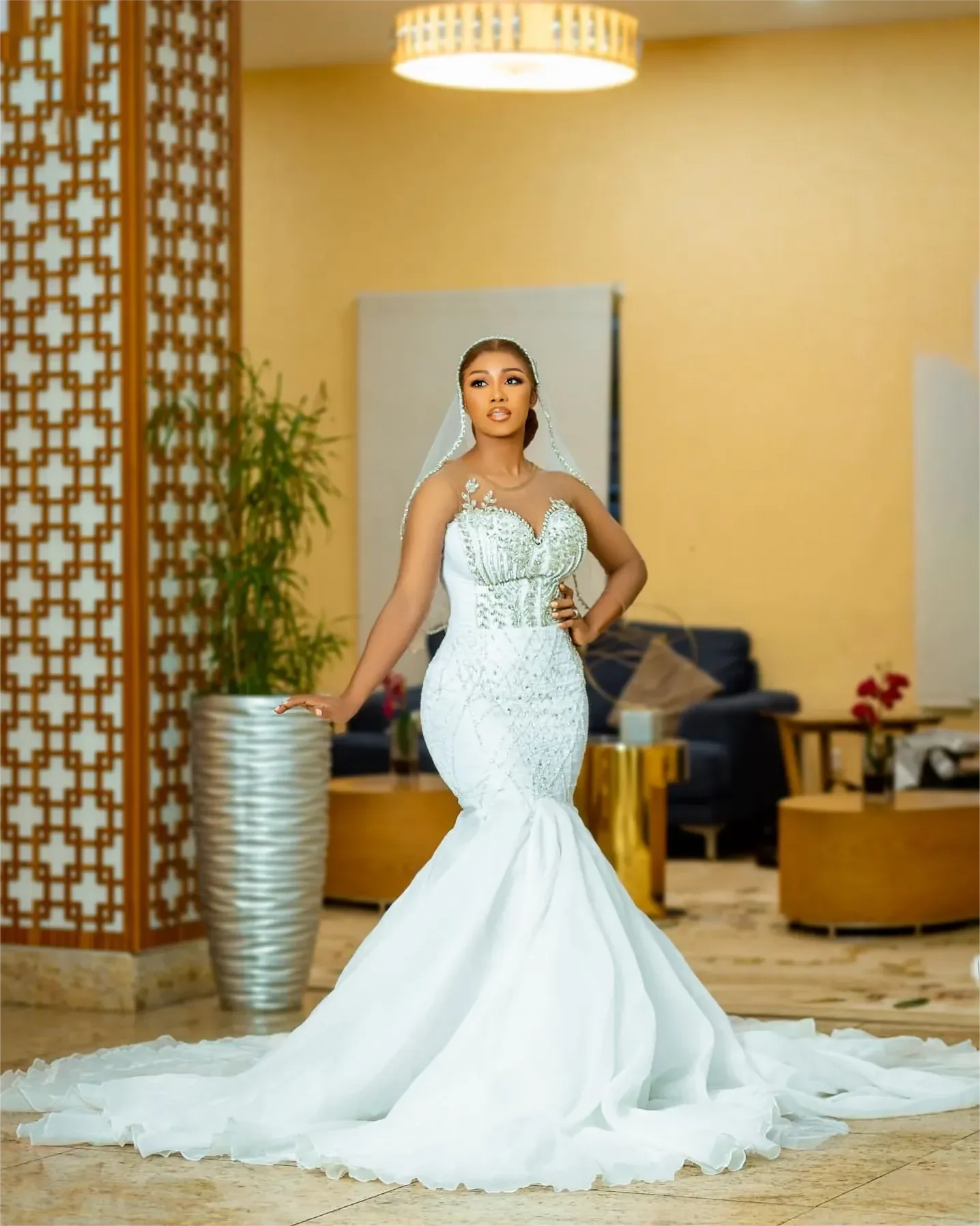 Customized Plus Size Mermaid Wedding Dress in Ivory with Full Sleeves Crystals Beaded and Organza Fabric For Bride