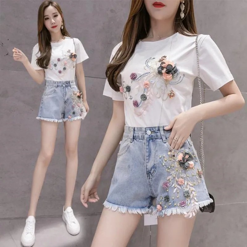 Woman Embroidered Flowers Sexy Denim Shorts 2026 Women's Summer High-waist Loose-fitting Wide-leg Sweet Light Blue Shorts