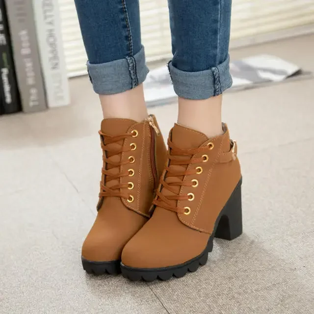 Boots Women Shoes Women Fashion High Heel Lace Up Ankle Boots Ladies Buckle Platform Artificial Leather Shoes bota feminina2021