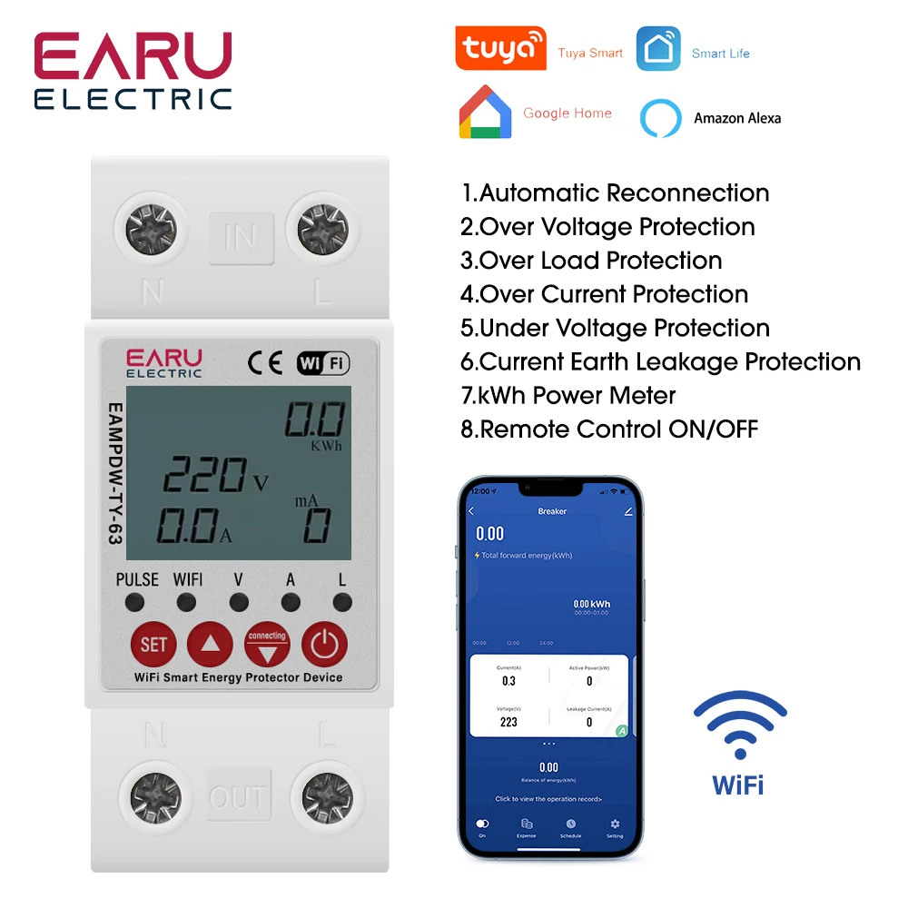 terra vazamento sobre sob tensao protector dispositivo de rele switch breaker energia power kwh medidor circuito inteligente wi fi 2p 63a tuya app 01