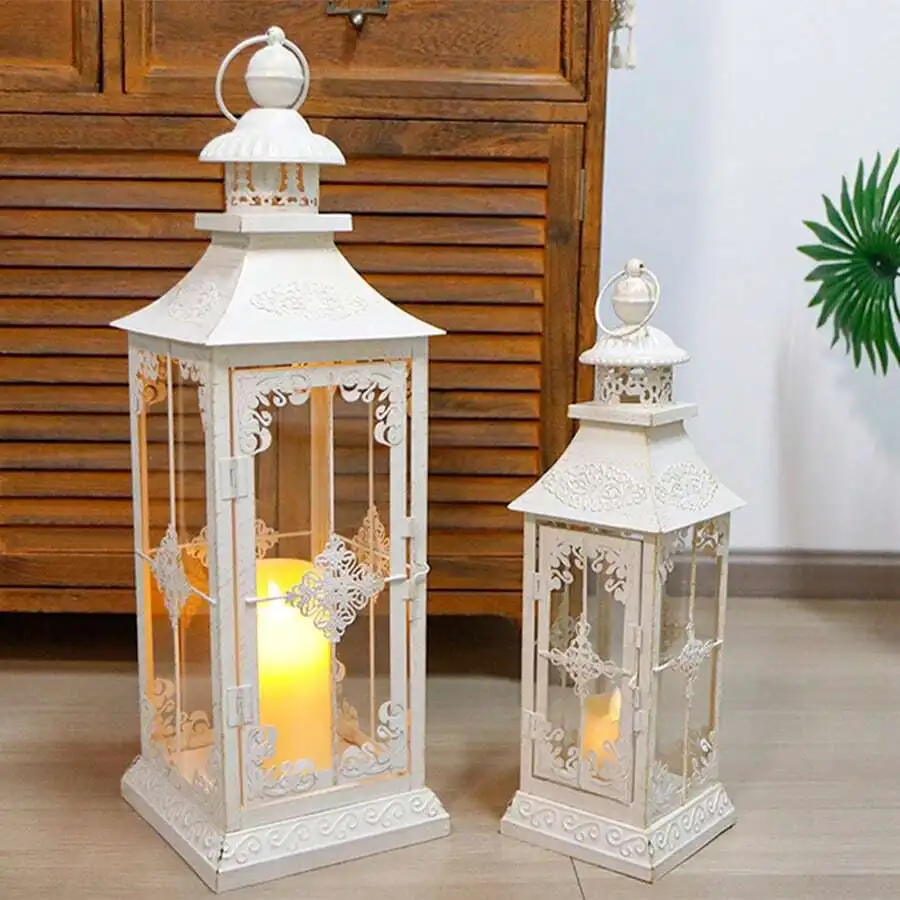 Set Of 2 Decorative Lanterns 21.5'' & 16' H Vintage Hanging Tower Lantern Metal Candle Holder With Tempered Glass For Indoor Out