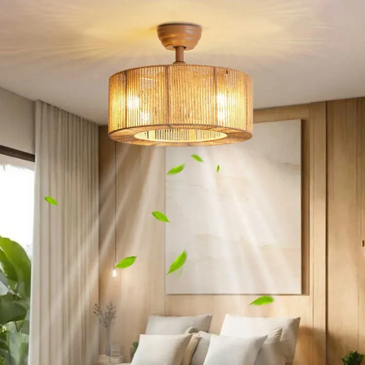 Wabi sandy wind Japanese hemp rope ceiling fan light dining room living room bedroom fan light frequency conversion simple