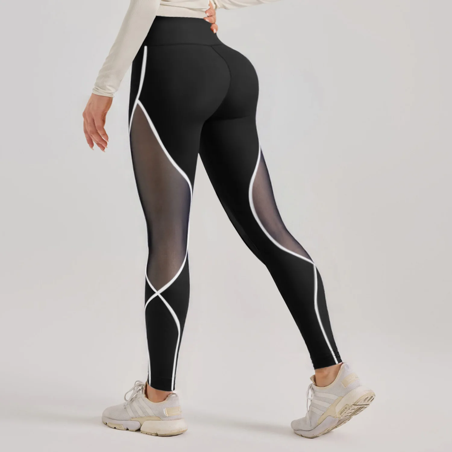 Women's Color Blocked Mesh Gym Yoga Hip Lifting Leggings High Waisted Sports Pants with Elastic Waistband Exercise Leggings