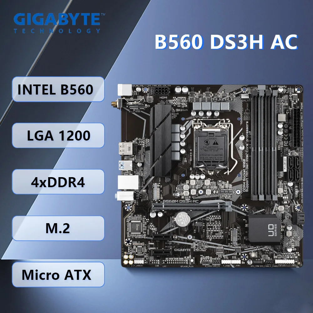 

Gigabyte B560 DS3H AC Motherboard Intel B560 LGA1200 DDR4 Wi-Fi M.2 Micro ATX support i9-10900F i5-10400 i3-10105 11700T i7-1170
