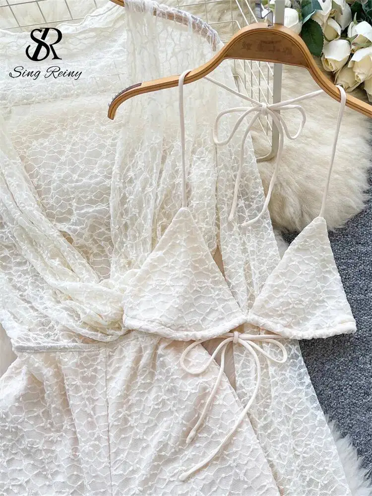 Trajes Sensuales de Encaje Transparente con Cuello Halter y Cordones, Lencería, Monos, Bodys Sexys de Verano para Mujer