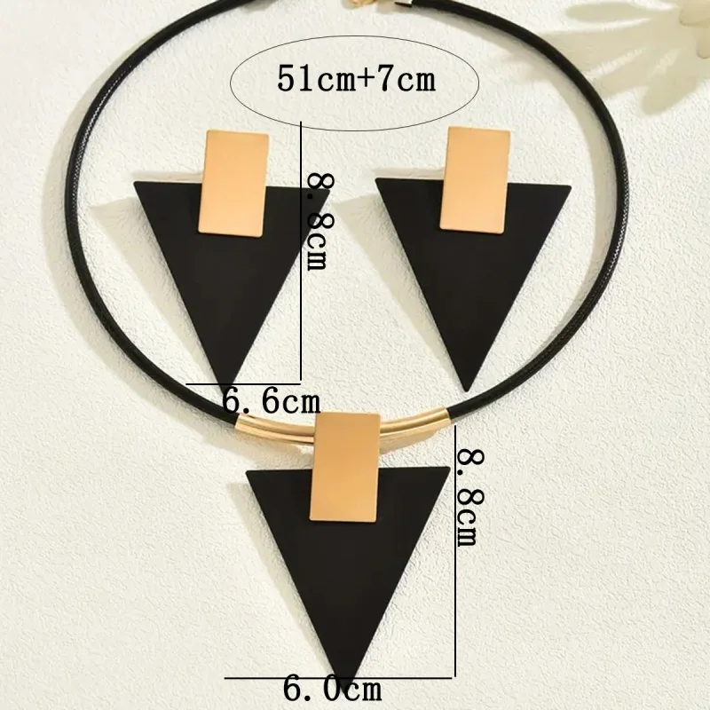 2PCS Geometric Rectangular Inverted Triangle Two-Color Spliced Pendant Earring Necklace for Women Trend Exaggerated Set Jewelry