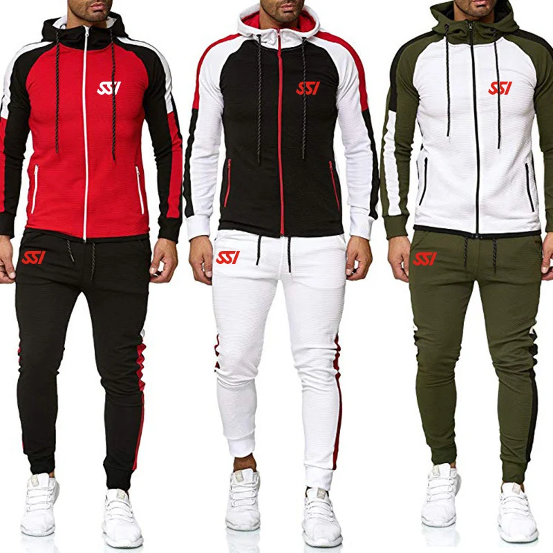 Men's Tracksuit 2Pcs Jogger Set Scuba Diving Dive SSI Printing Sweatshirt Hoodies Zip Jacket Slim Pant Tracksuit Sport Suit