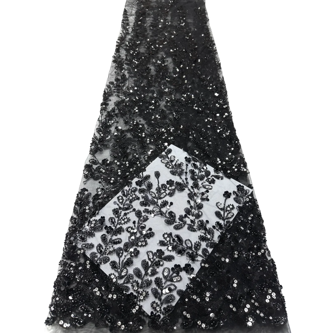 

Lastest African Tulle Lace Fabric High Quality Leaf Embroidery Sequins Beaded Lace 1 Yards Nigerian Mesh for Wedding Party Dress