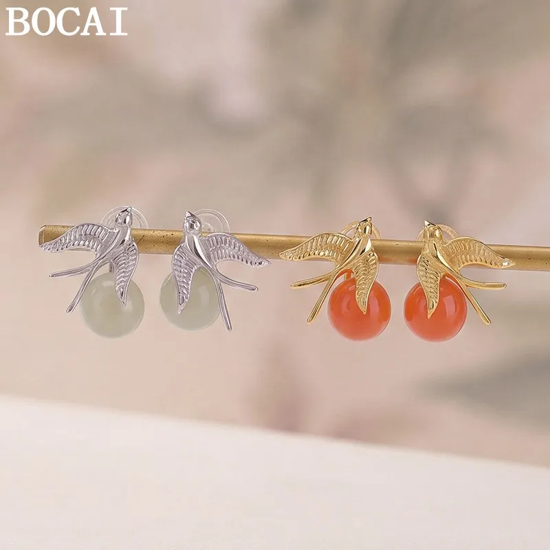 

BOCAI New S925 Sterling Silver Jewelry Temperament And Personality South Red Agate Swallow Ear Nails Selected Gifts For Women
