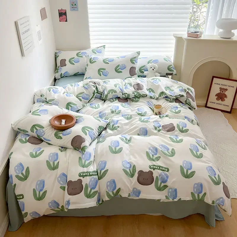 Simple Flower Printed Bed Duvet Cover Washed Cotton Floral Bed Comforter Single/Double Size Women Kids Girls Bedroom Decorative