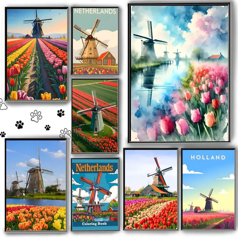 Dutch Windmills & Tulips Poster Self Adhesive HD PVC Wall Art - Waterproof & Stain Proof For Home Office