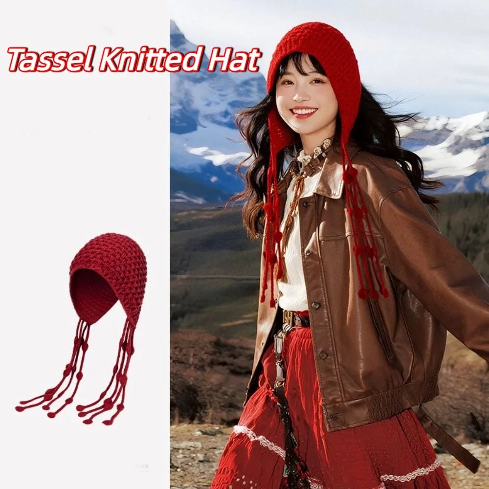 

Casual Tassels Crochet Knitted Hat Hollow Out Handmade Knit Cap Bohemian Style Korean Ethnic Style Hat Apparel Accessories