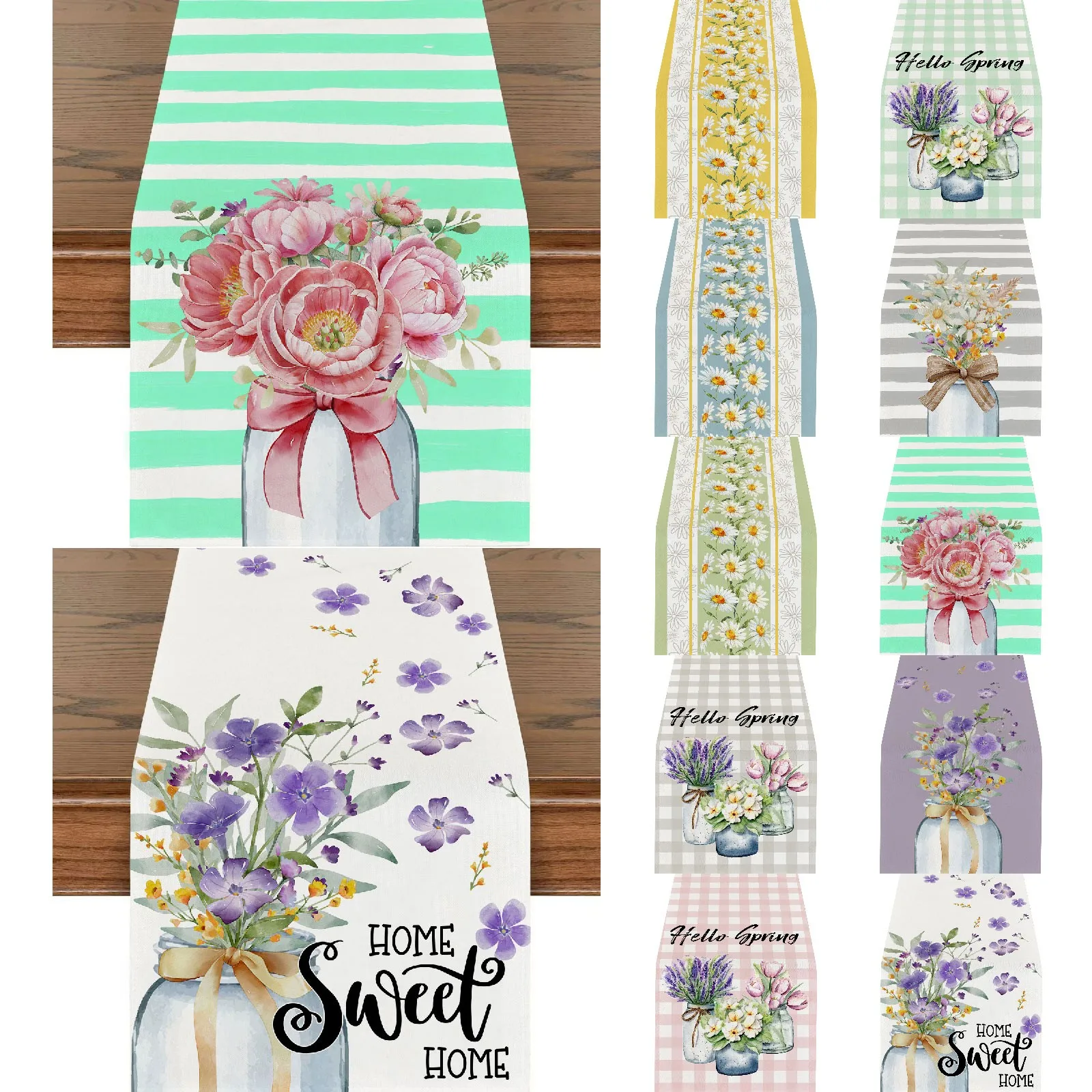 Floral Print Table Runner Vintage Bicycle Tablecloth Green Stripe Table Mat Watercolor Dining Room Decor Kitchen Home