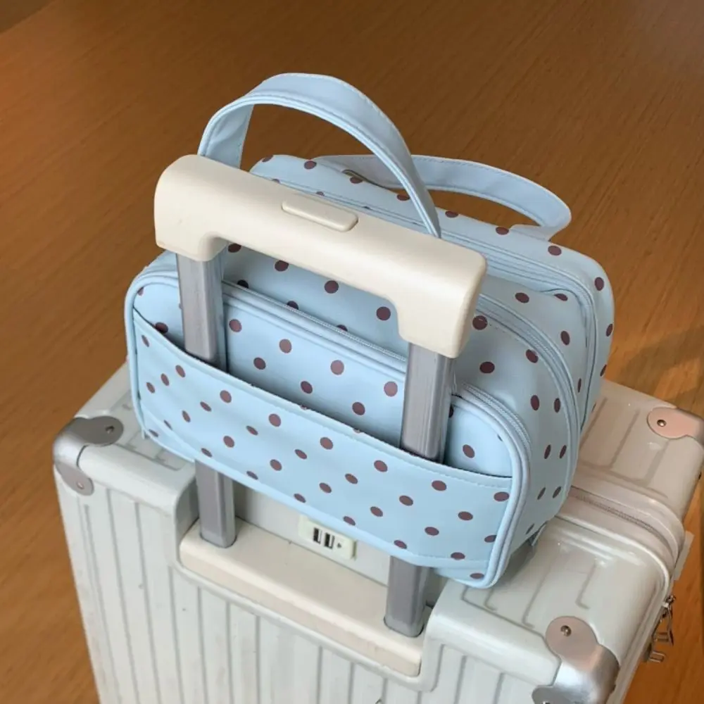 Polka Dot Handheld Makeup Bag Multifunctional Three Layer Partition Pu Cosmetic Bag Large Capacity Waterproof Travel Storage Bag