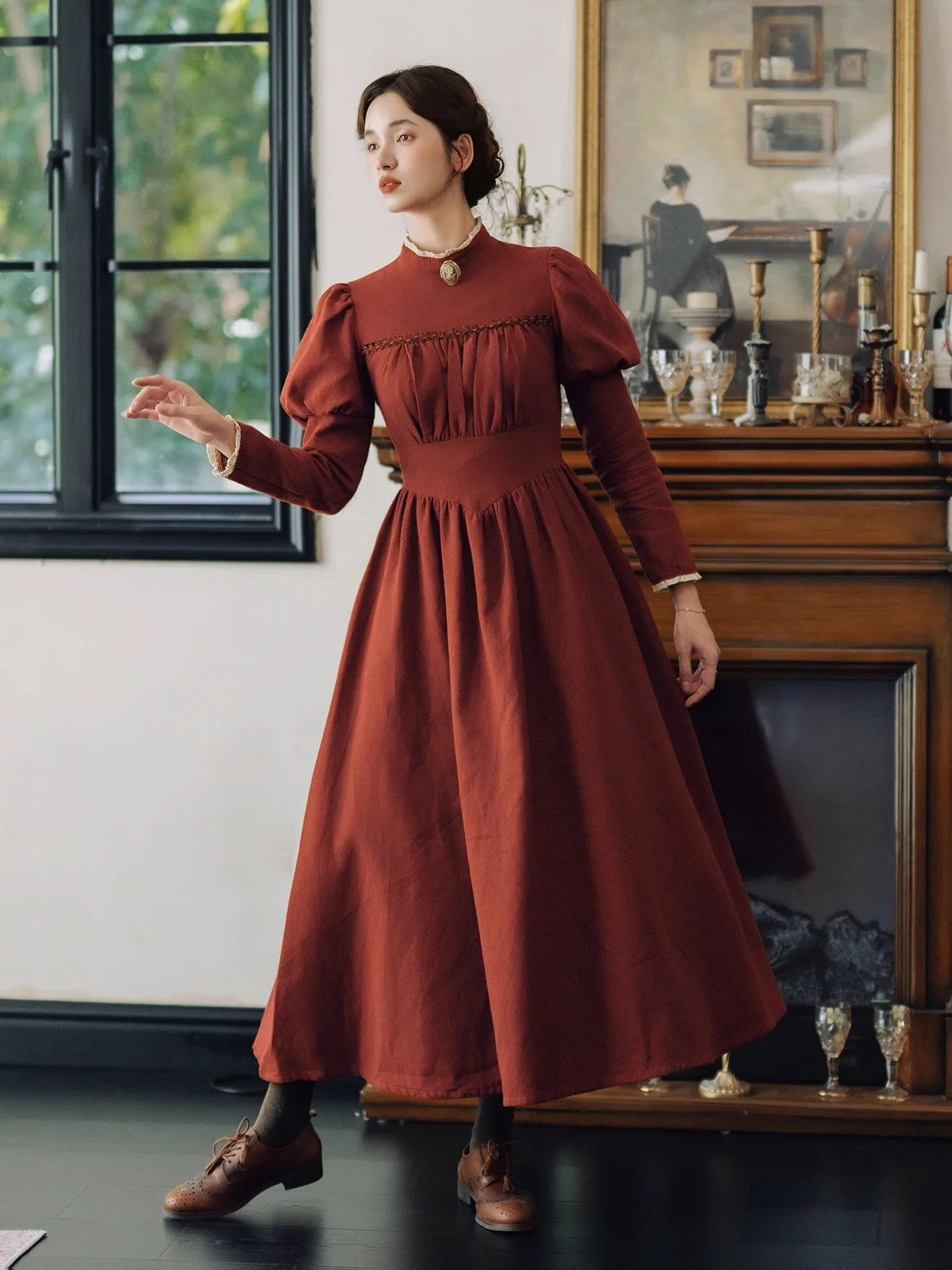 TIYIHAILEY Abito da donna in cotone 100% Manica a sbuffo Lungo Maxi da donna Taglia S-XL Colletto standard Vintage Vita alta Patchwork di pizzo rosso