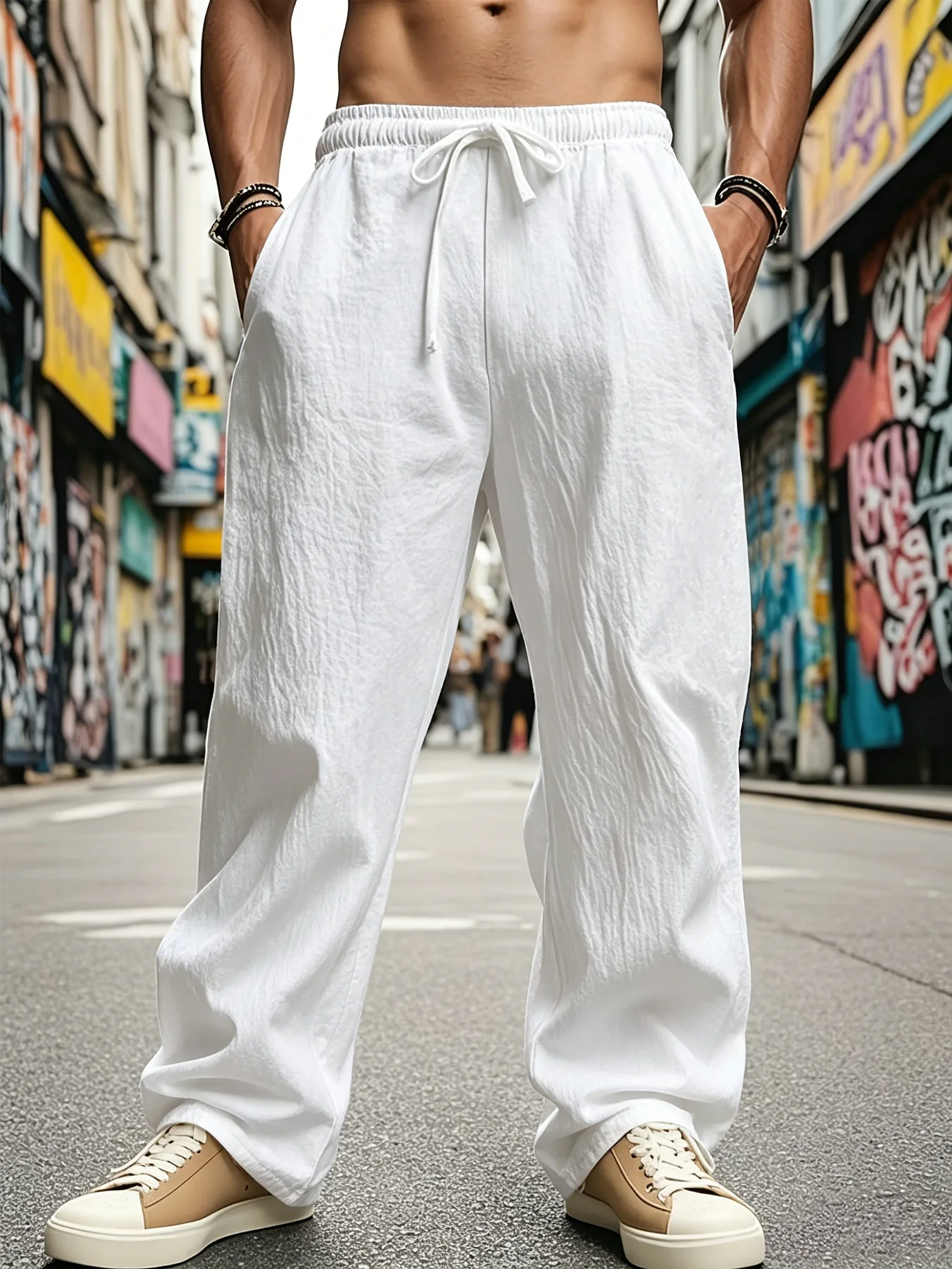 Men\'s Lightweight Long Pants Summer Solid Color Breathable Loose Trousers Male Elastic Waist Casual Pants Harajuku Trousers