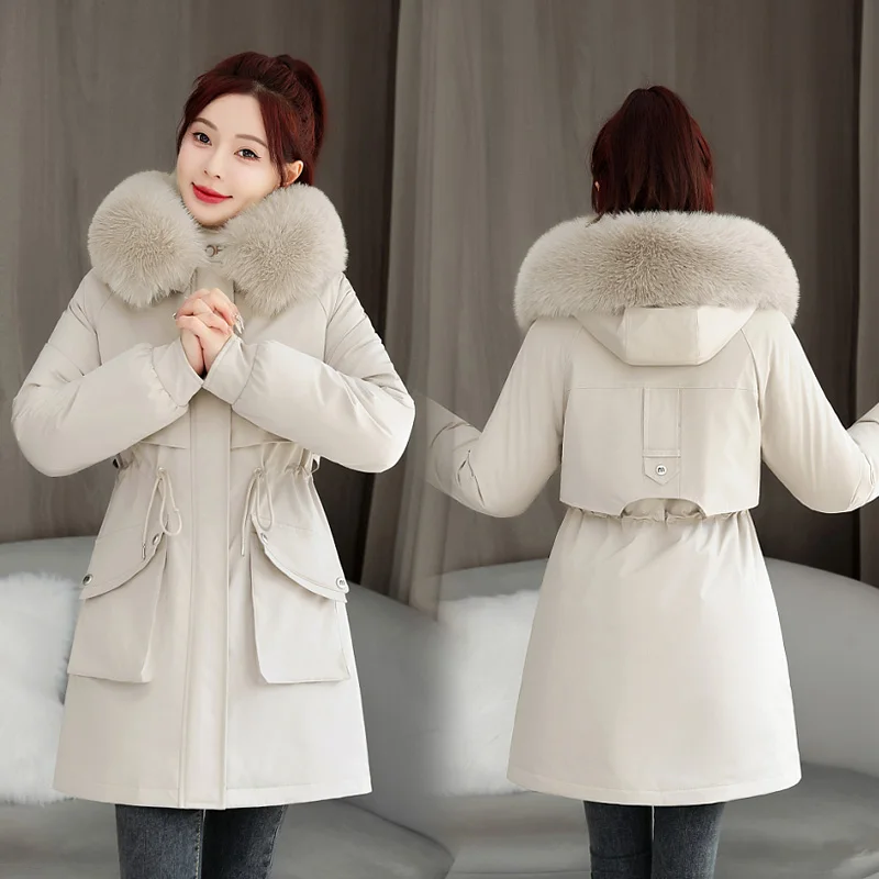

Thiened Fce Mid-Length Parka Women's Large Size Loose Fur Collar Hooded Cotton Coat Small Size Cotton Jaet Women's Out...