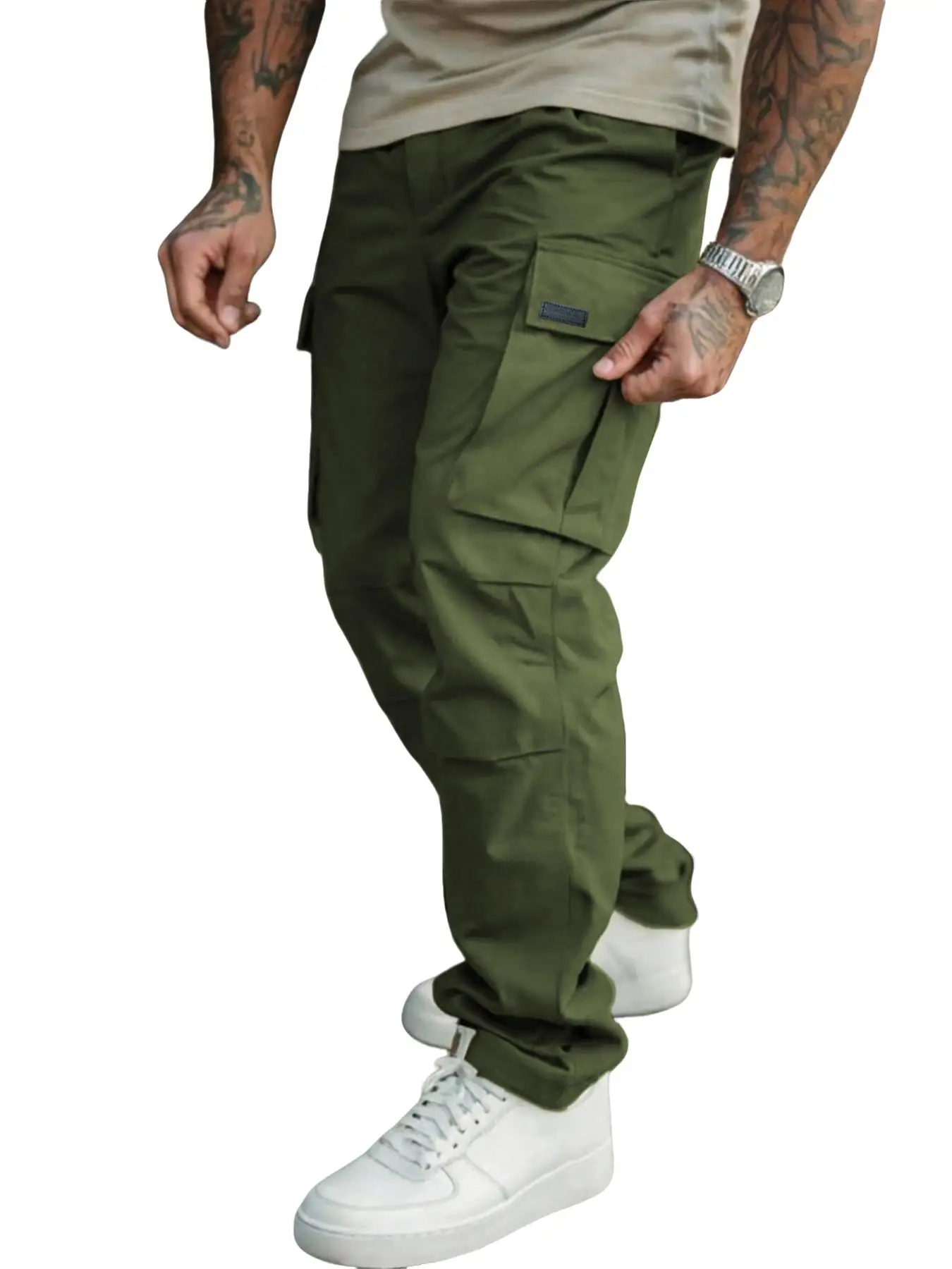 Herren Einfarbige Cargohose Regular Fit Lässige Gerade Hose mit Pattentaschen und Kordelzug für den Alltag – Detail 8