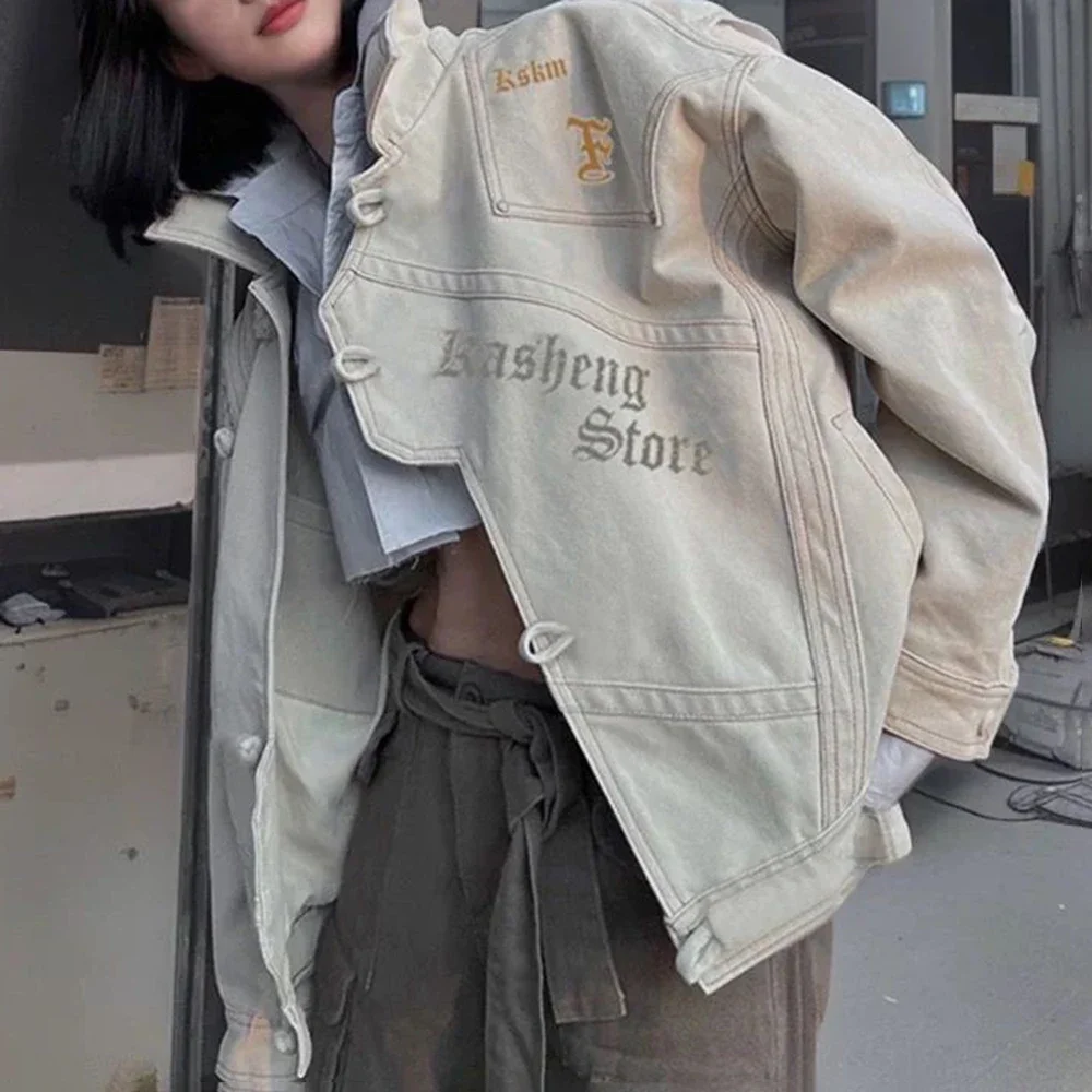 Men Denim Jacket Cheongsam Button Letter Print Bomber Jacket Streetwear Fashion Youth Campus Versatile Casual Top Men'S Clothing