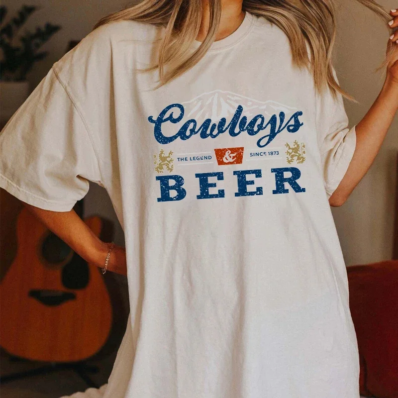 hahayule Cowboys Beer Funny Drinking T-Shirt Women Vintage Western Country Music Shirt Cowgirl Rodeo Graphic Tee Hippie Boho Top