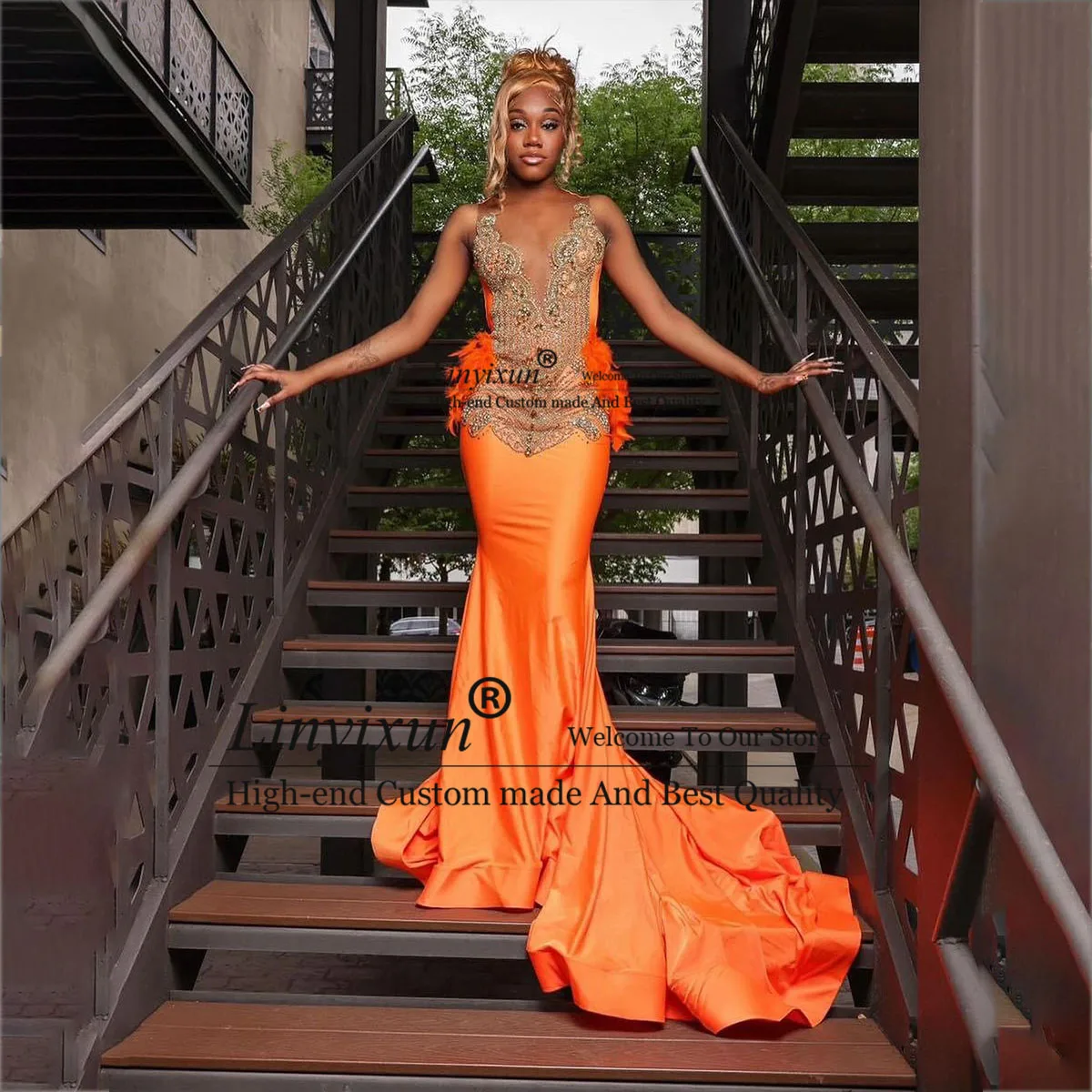 Crystal 2024 Luxury Orange Sequin Prom Dresses 2024 For Black Girl Rhinestone Mermaid Evening Party Gown Formal robe chic soirée