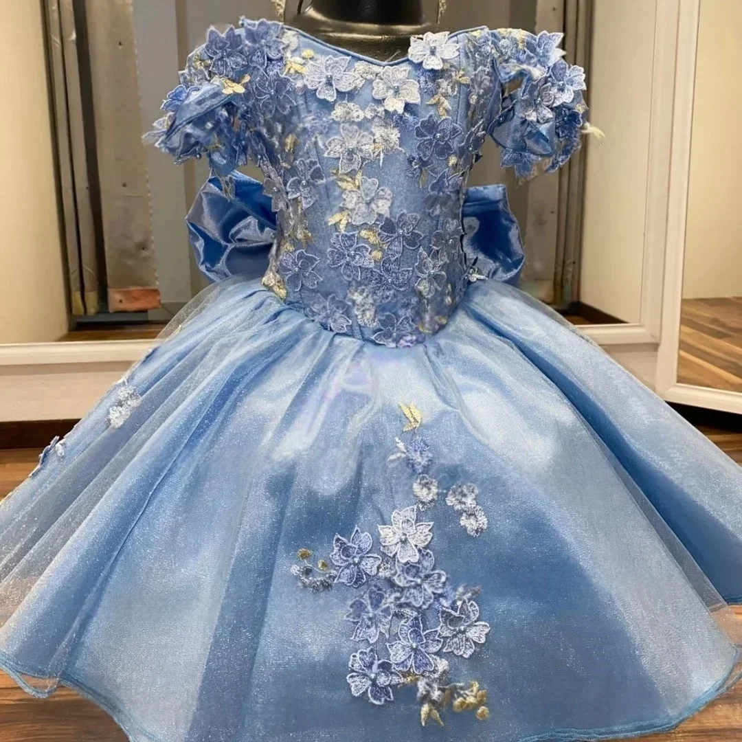 Vestido de niña de las flores personalizado, vestido de novia, vestido de fiesta de cumpleaños, vestido de desfile, vestido de gala con hombros descubiertos, bordado floral, gran lazo y cola.