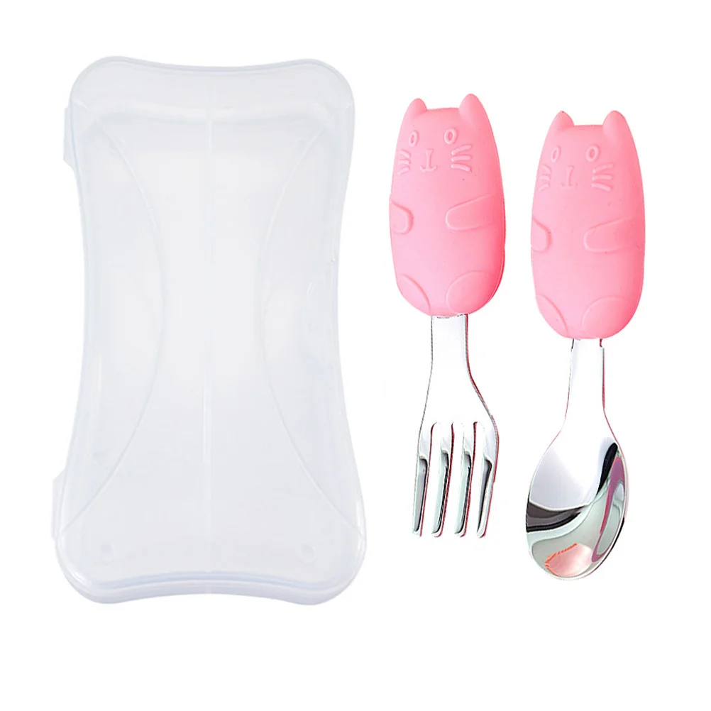 

1Set Kids Training Tableware Set Fork Spoon Cutlery Short Handle Cartoon Cat Pattern Baby Utensils Storage Case Comfortable Safe