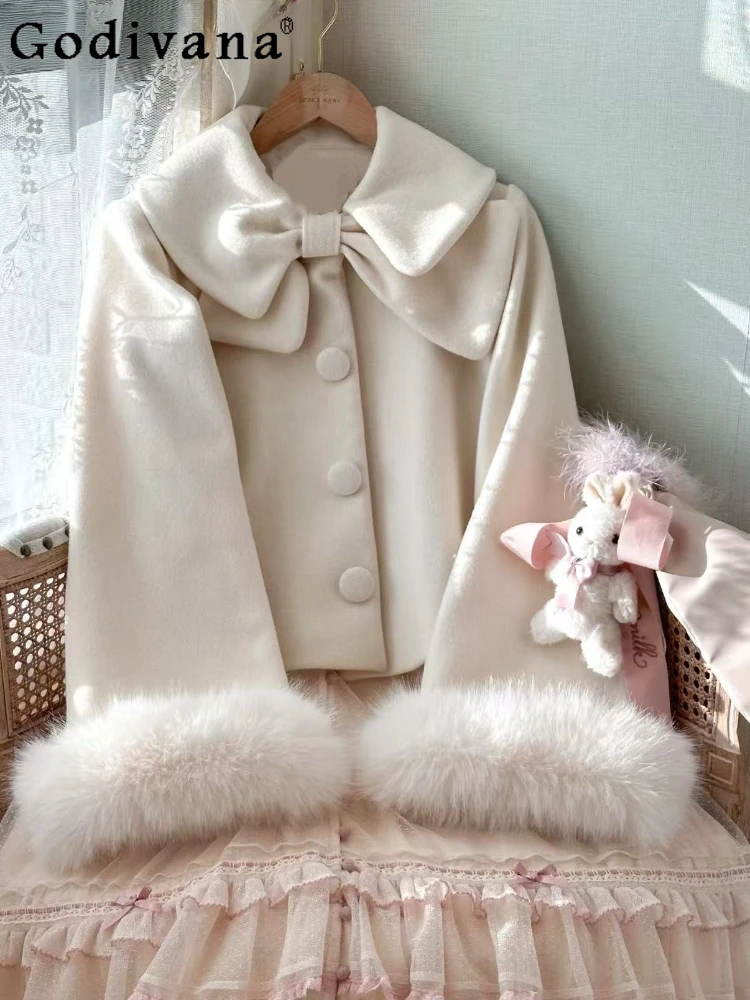 خريف شتاء جديد خمر قصيرة حلوة لطيف معطف الصوف Bowknot اليابانية الأصلية لوليتا فضفاضة سميكة سترة للنساء #1