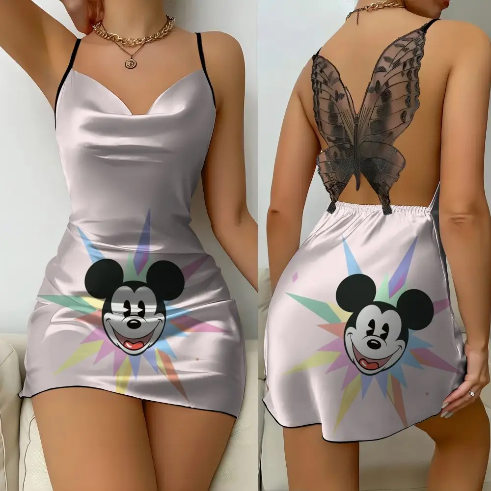 Mini Dress Pajama Skirt Bow Knot Party Dresses Satin Surface Minnie Mouse Disney Mickey Womens Fashion Summer 2024 Elegant Women