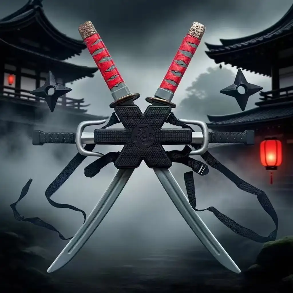 Halloween Deadpool Cosplay Plastic Prop Double Katana Set, Ninja Costume Accessory with Backpack Harness, Party Stage Decor Gift