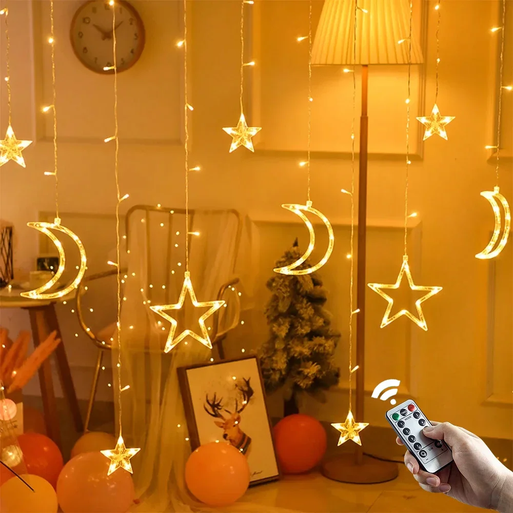 Ramadan Decoration 2024 Star Moon Curtain Garland String Light Aid EID Mubarak for Home Arabic Islam Muslim Event Party Supplies