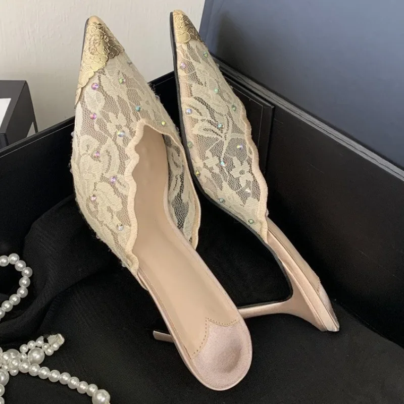 

Aneikeh 2026 New Summer Sexy Lace Pointed Toe Women Rhinestone Slippers Fashion Mesh Thin Heels Party Pumps Mules Slide Shoe